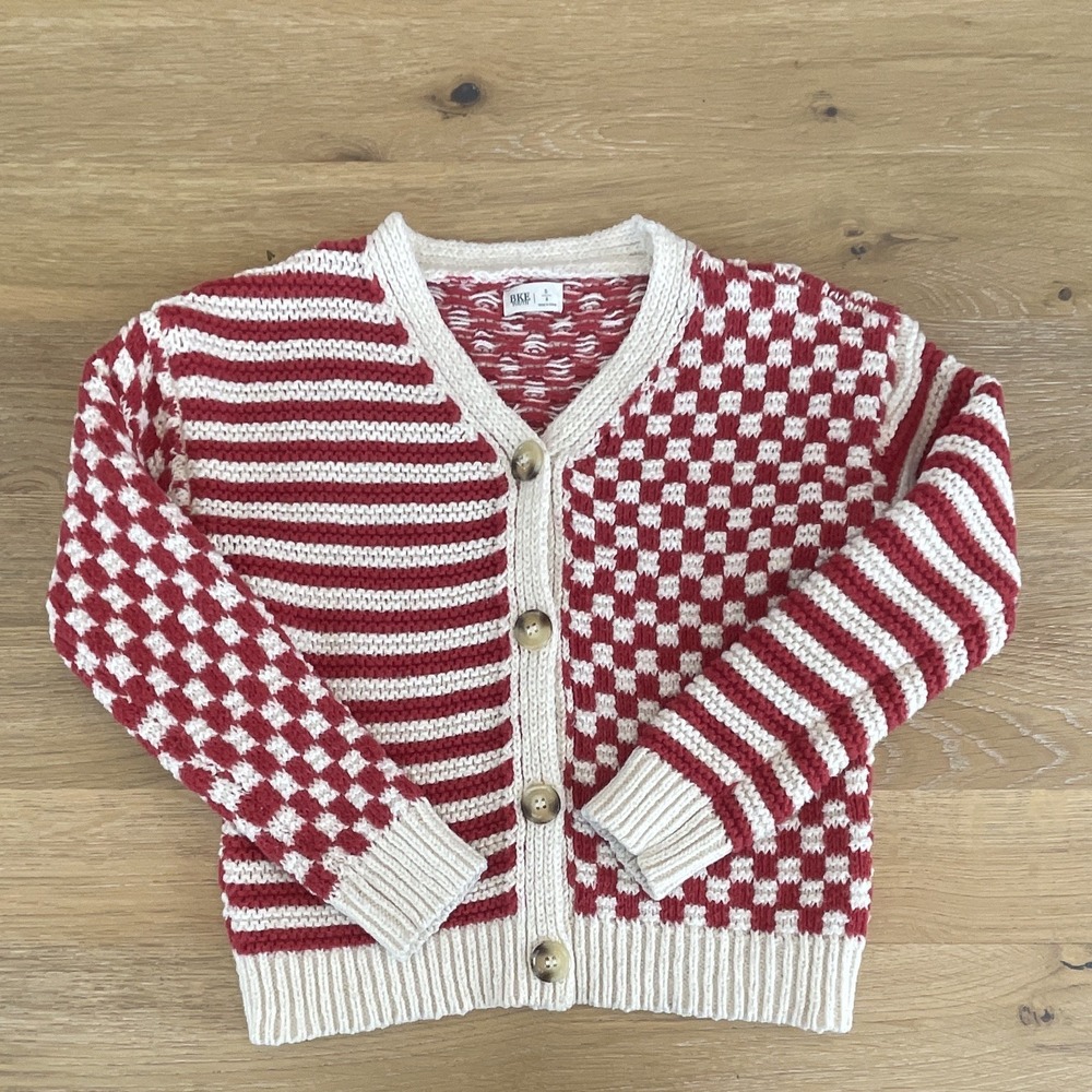 BKE Youth Girls Red/White Striped Knit Cardigan Sweater S 8 Button V-Neck